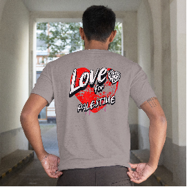 Love for Palestine T-shirt- graphic heather with red heart