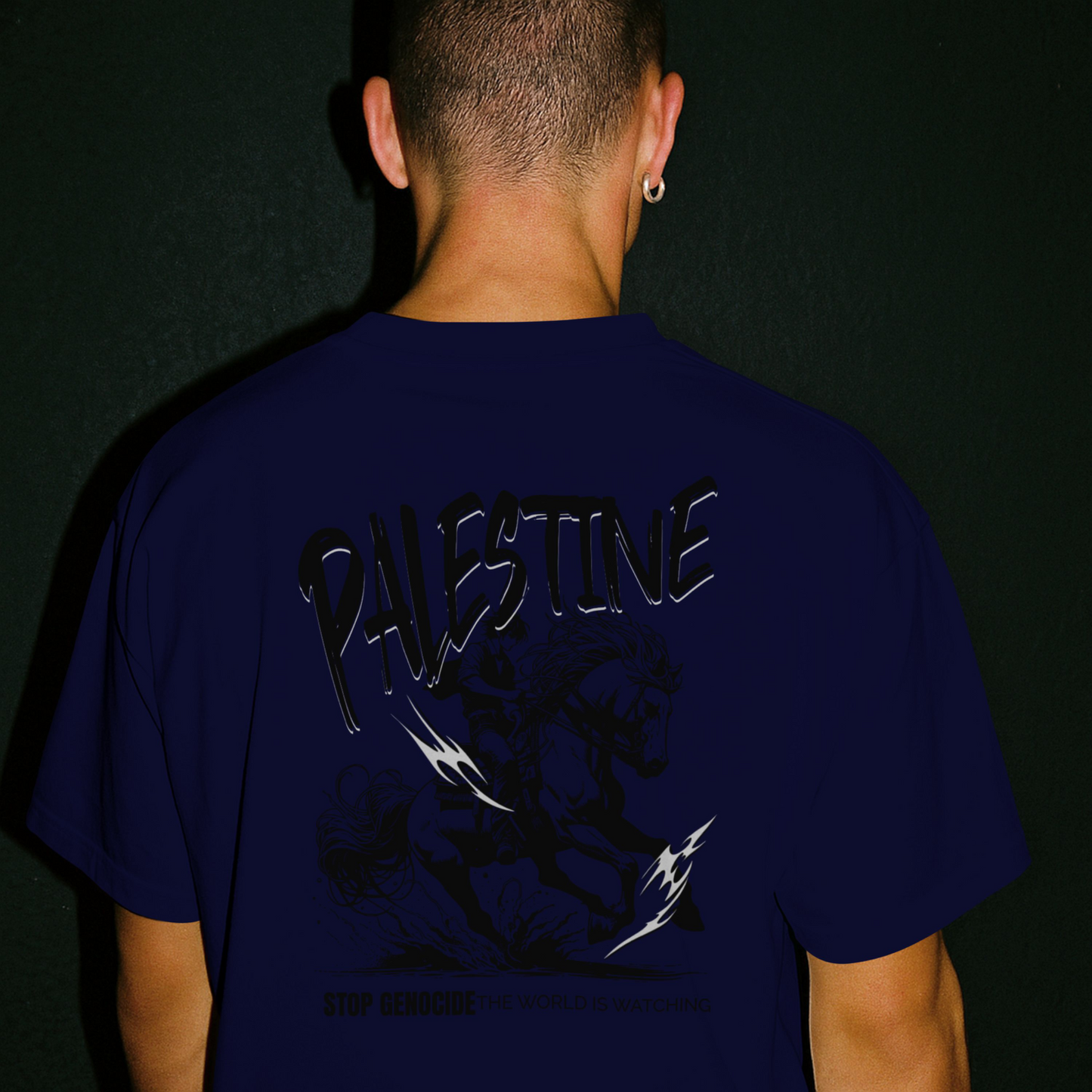 Free Palestine tee in navy- with black horse design