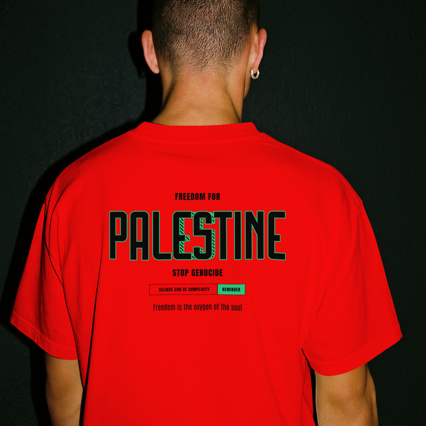 Freedom for Palestine graphic T-shirt in red with black and green text