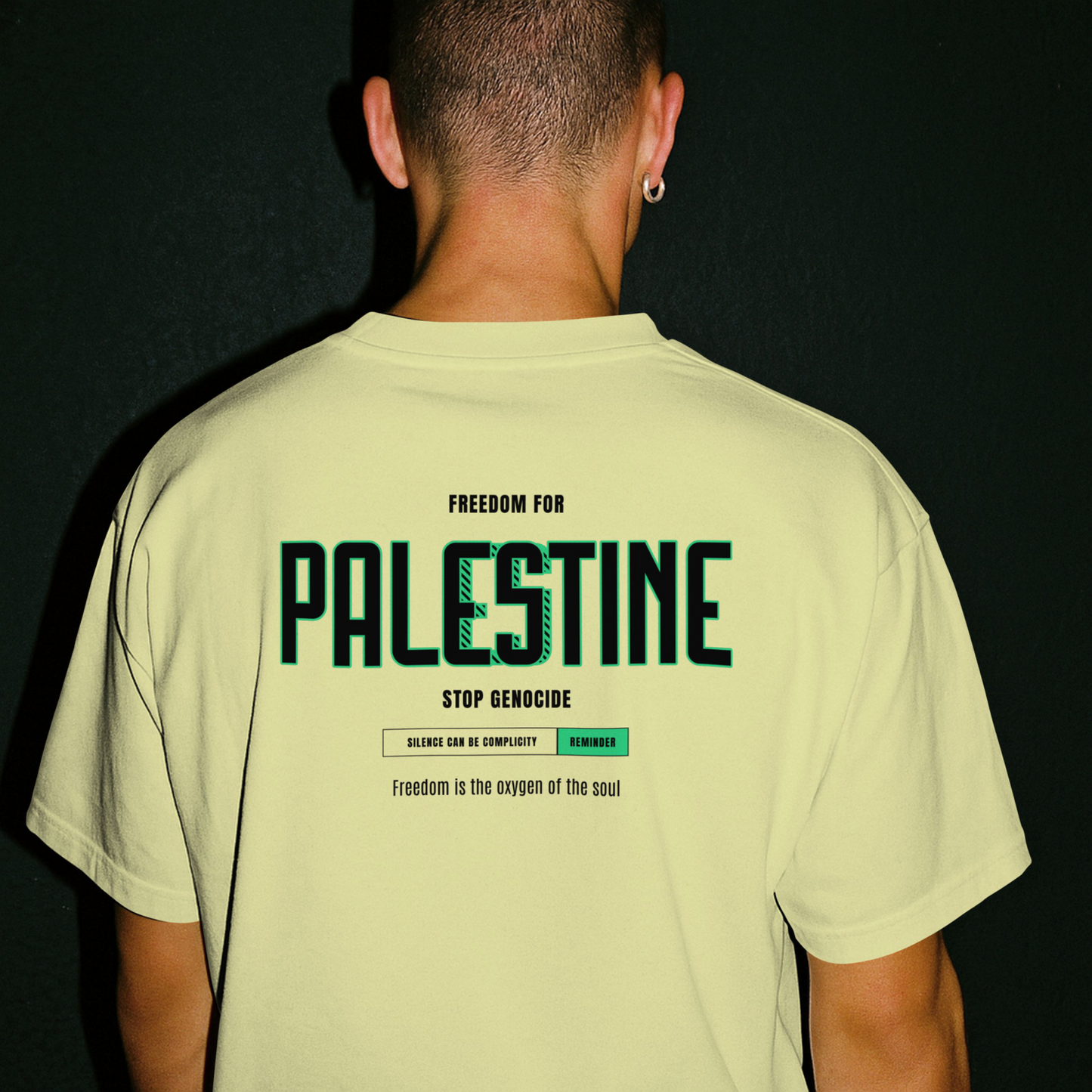 Free for Palestine graphic T-shirt in off white with black + green text