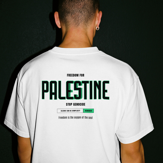 Freedom for Palestine graphic T-shirt in white (Black + green text)