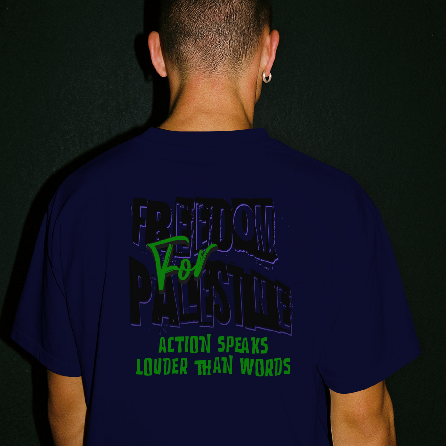 Freedom for Palestine tee in navy with black and green text