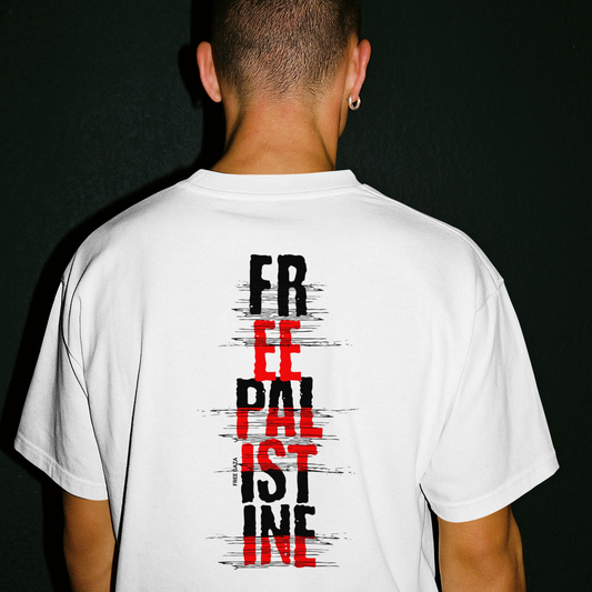 Free Palestine- Vertical statement tee in white