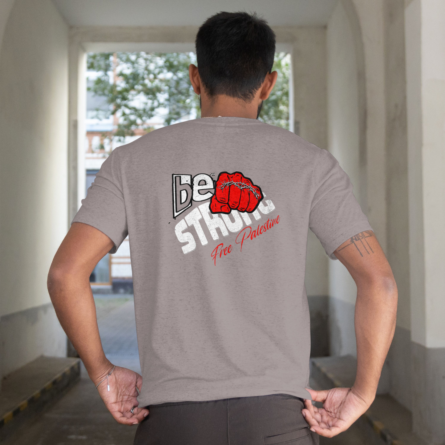 Free Palestine tee shirt in heather grey - with red and white graphic design