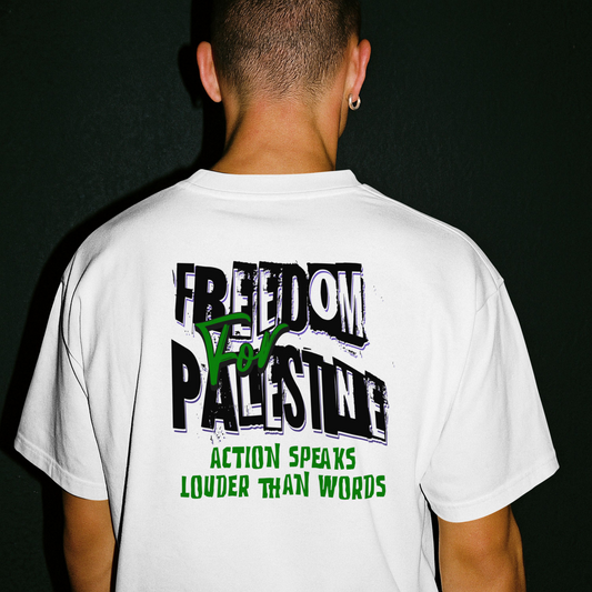 Freedom for Palestine tee in white with black and green text