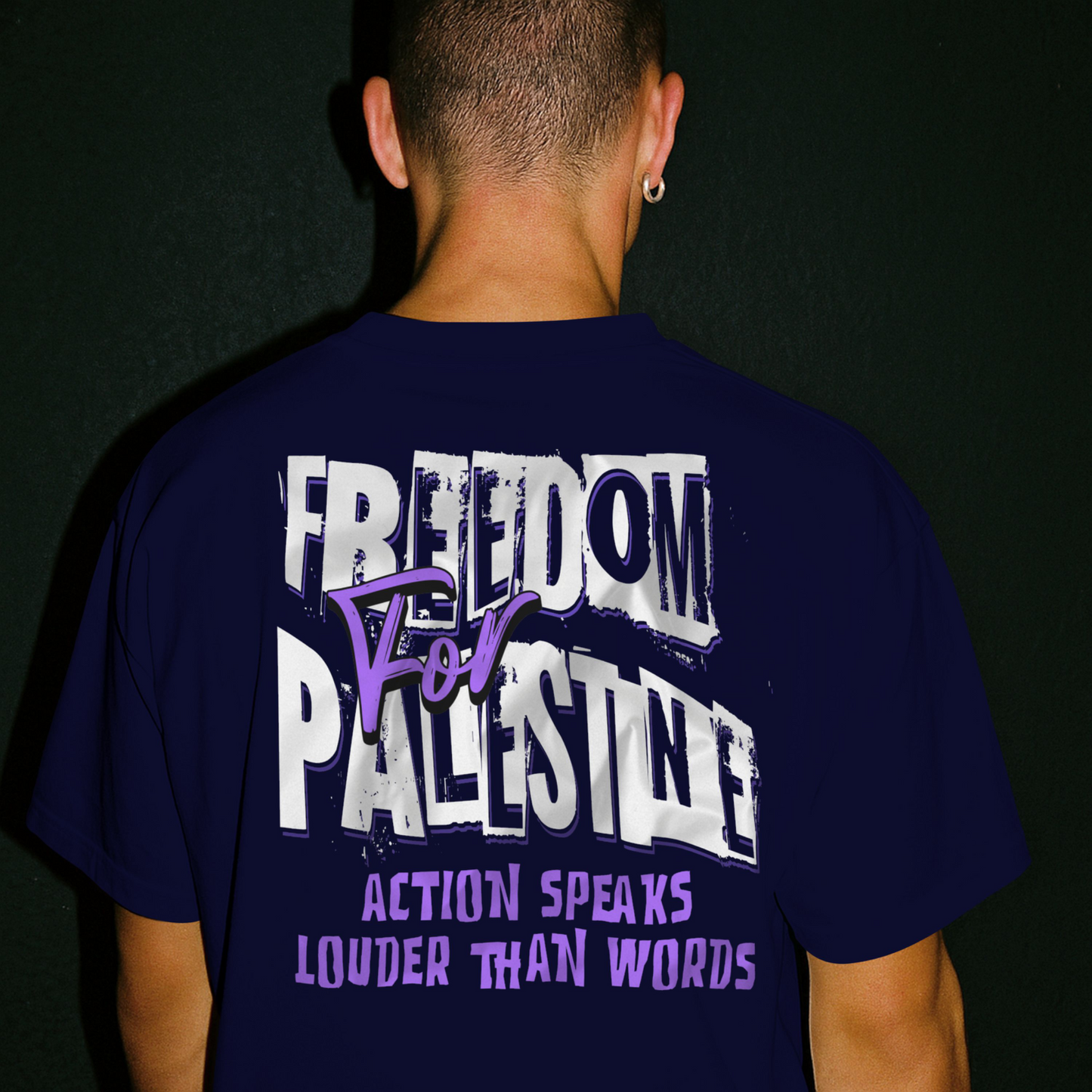 Freedom for Palestine tee in navy with white and purple text