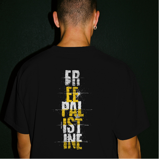 Free Palestine Vertical statement Tee in black, with white and yellow design