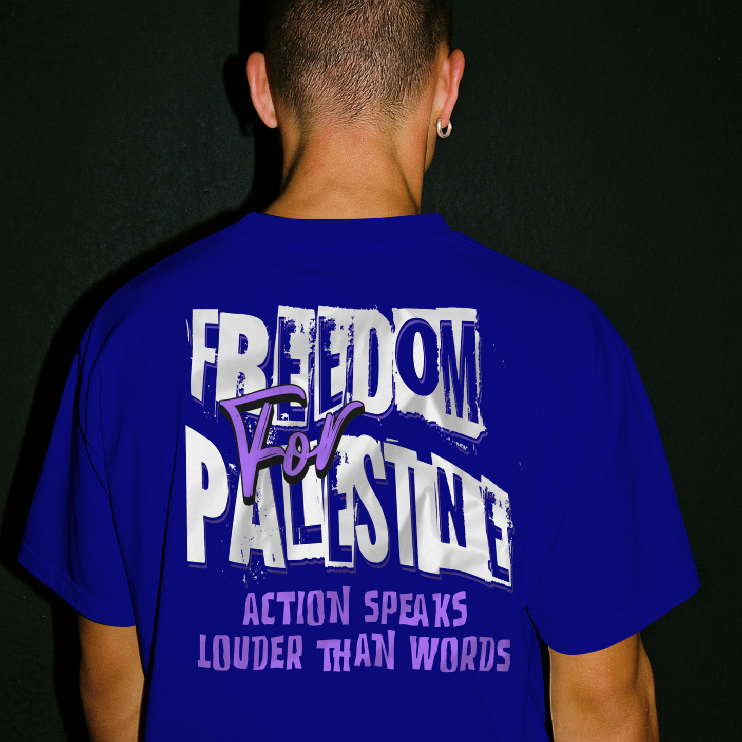 Freedom for Palestine tee in royal blue with white and purple text