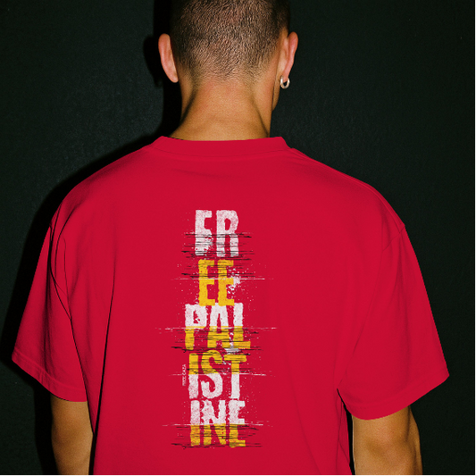 Free Palestine - vertical statement tee in red, with white and yellow design