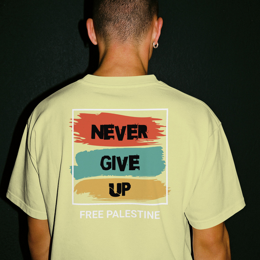 Free Palestine- Never give up tee in off White (white border design)