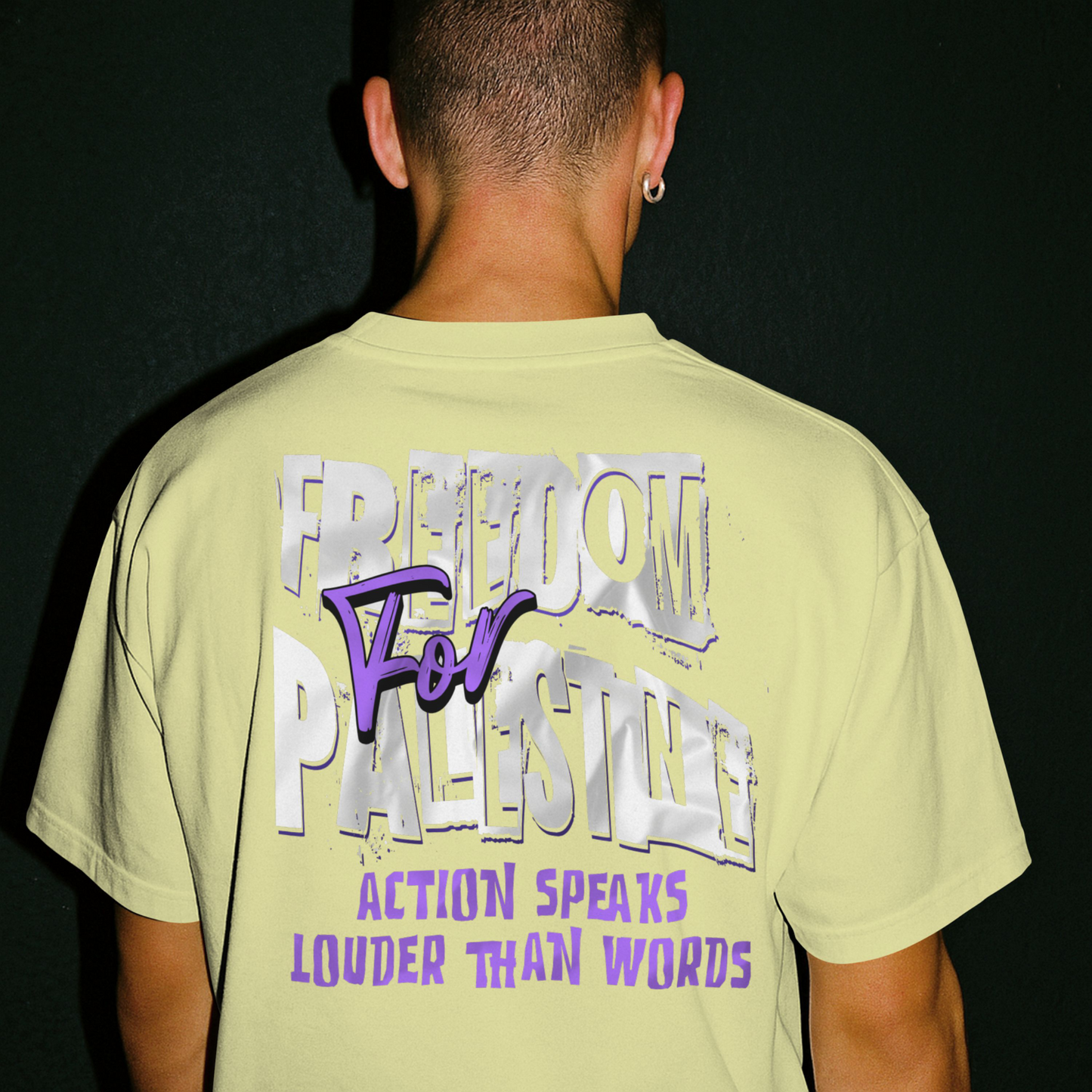 Freedom for Palestine tee in off white with white and purple text
