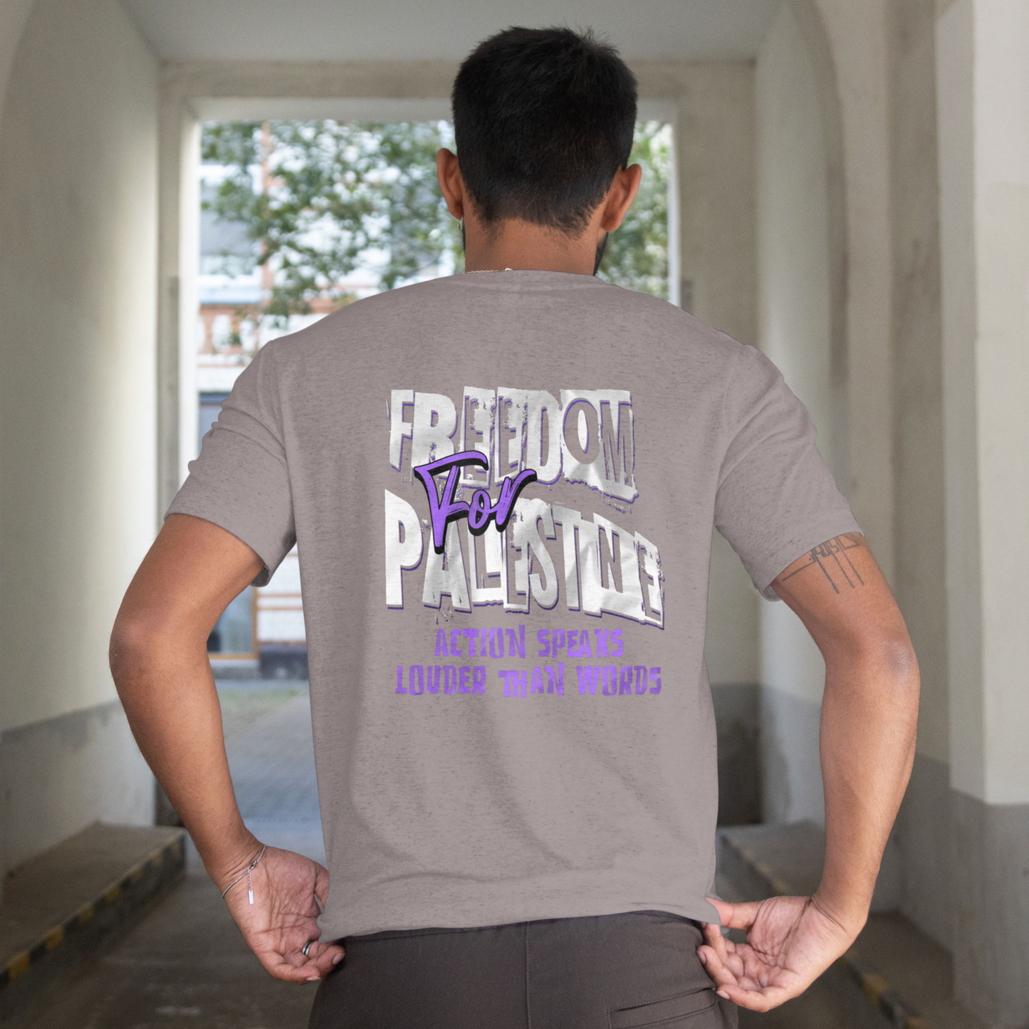 Freedom for Palestine tee in graphite heather with white and purple text