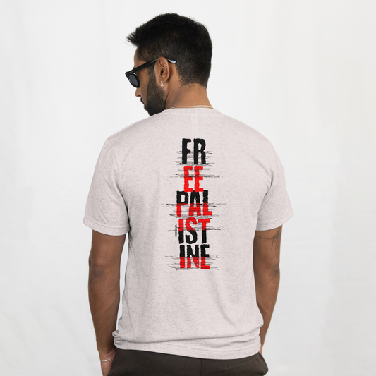 Free Palestine- vertical statement tee in grey, with black and red design
