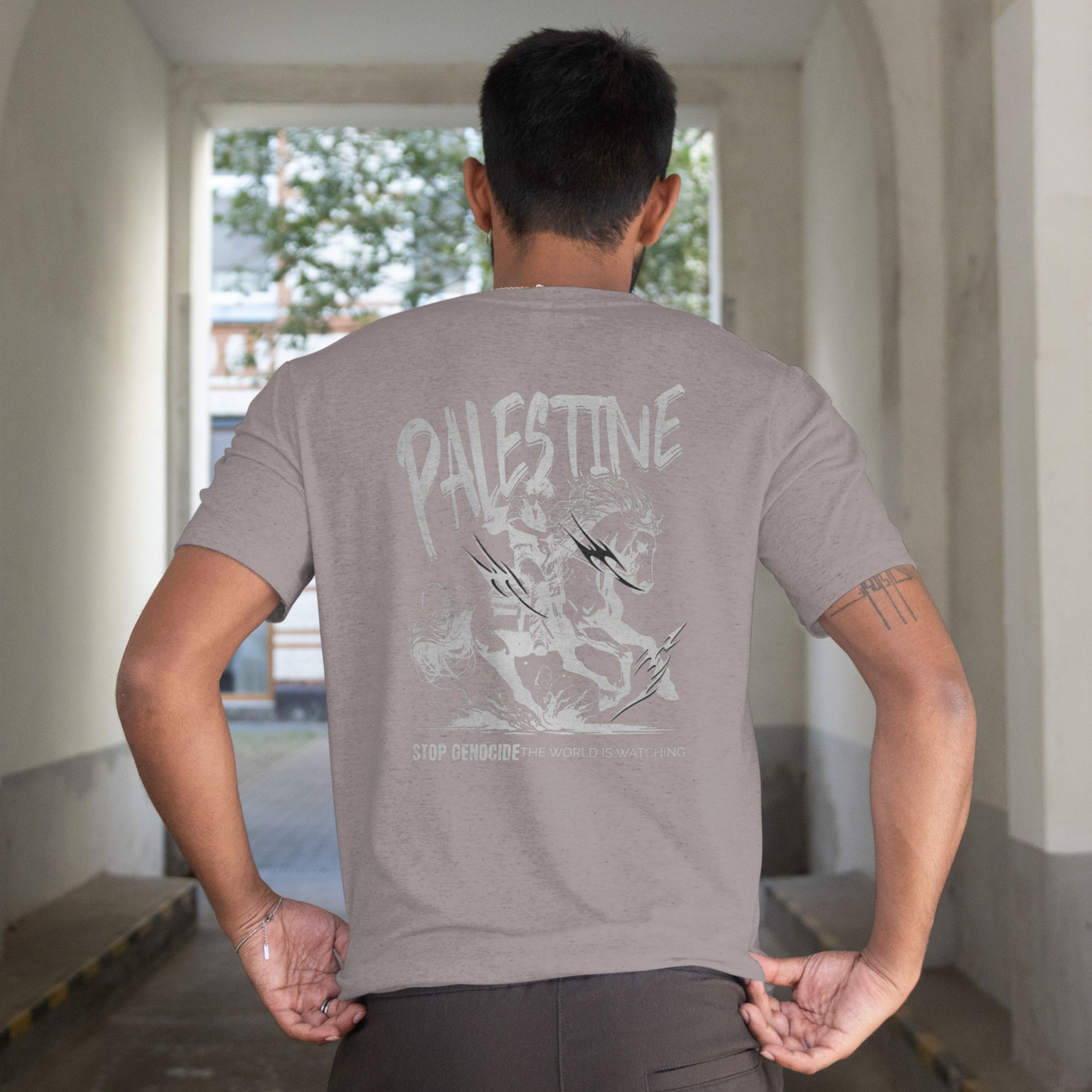 Free Palestine tee in Heather grey with silver horse design
