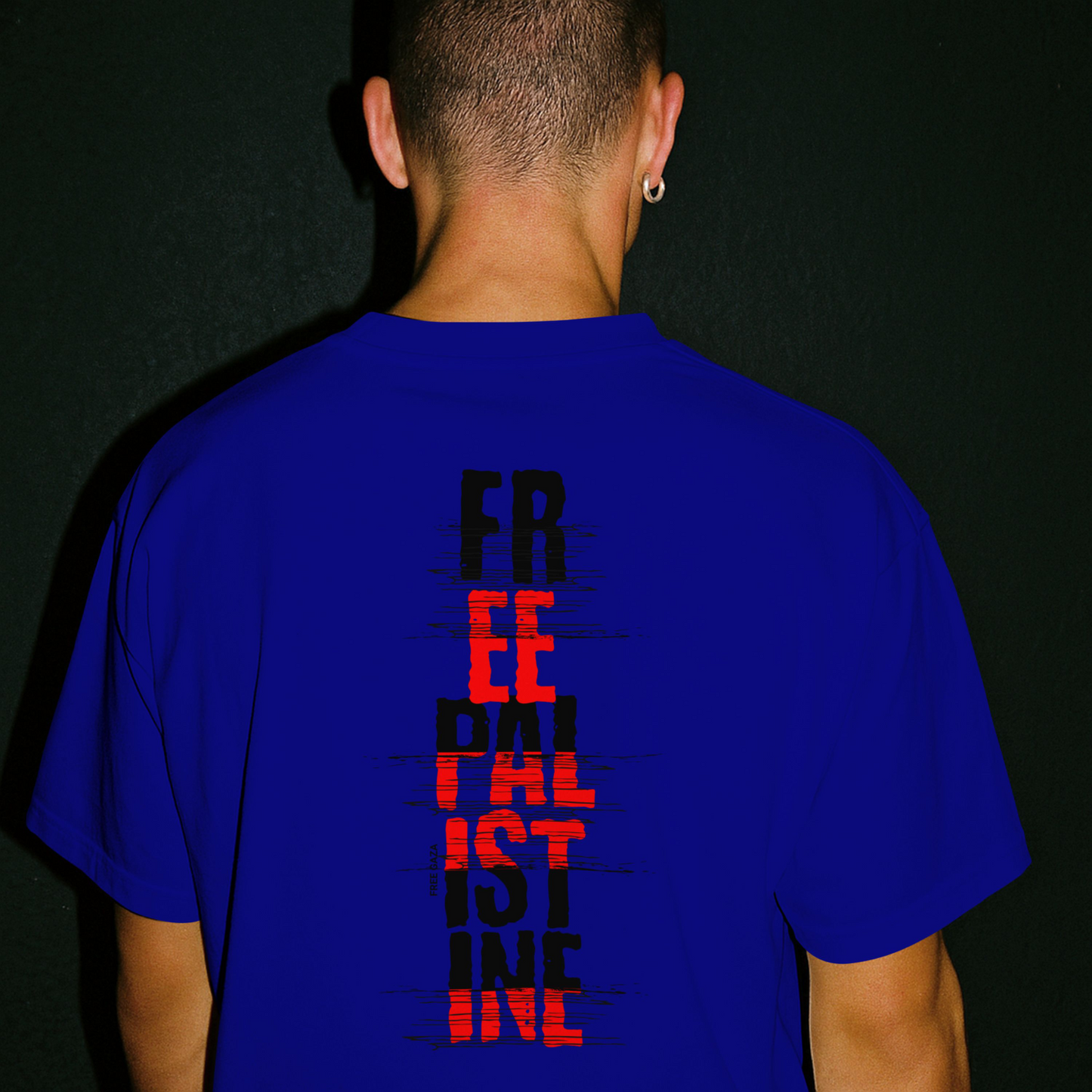 Free Palestine- vertical statement tee in royal blue, with black and red design