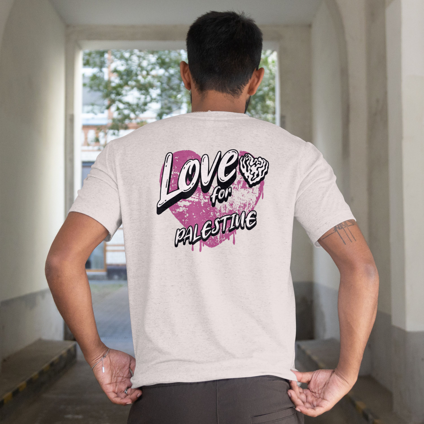 Love for Palestine T-shirt- sport grey with purple heart