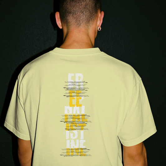 Free Palestine- vertical statement tee in off white, with white and yellow design