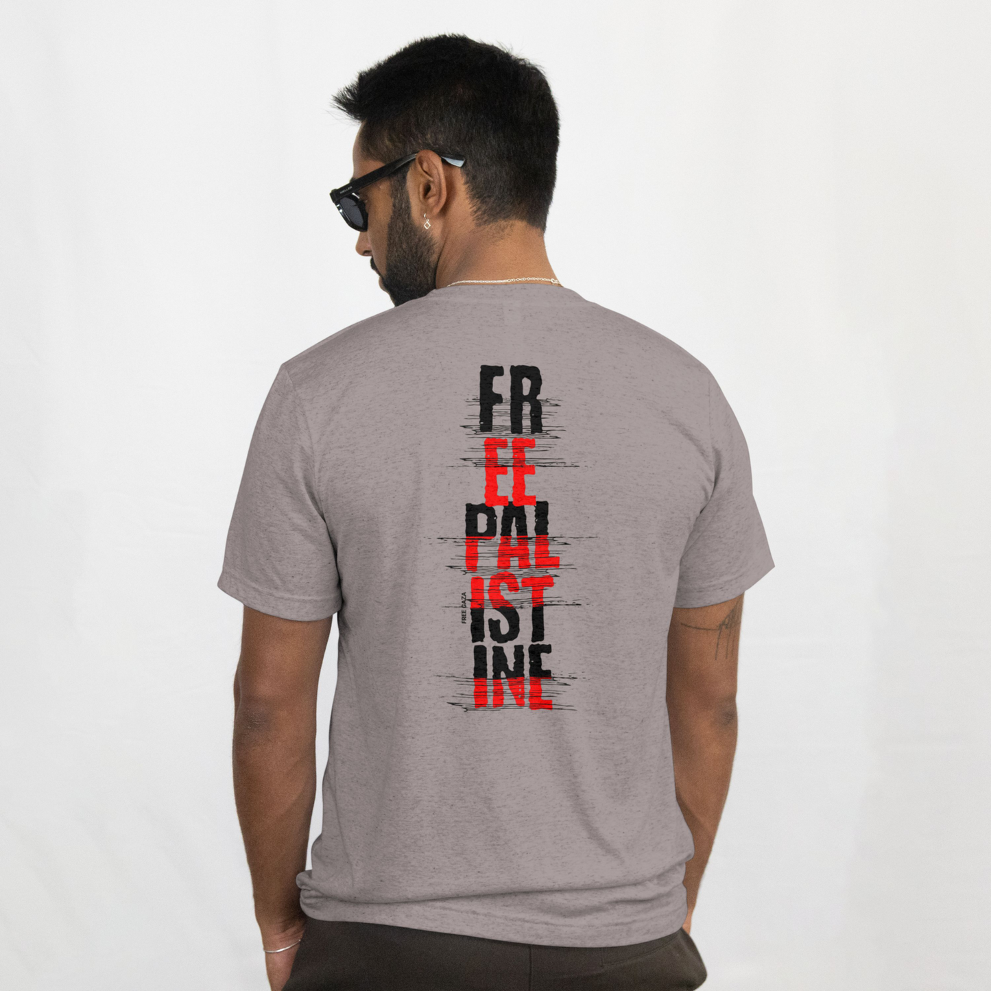 Free Palestine- vertical statement tee in heather grey with black and red design