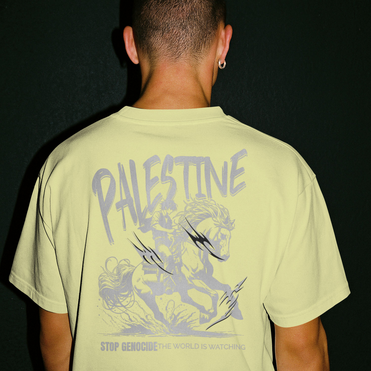 Free Palestine tee in off white-with silver horse graphic design