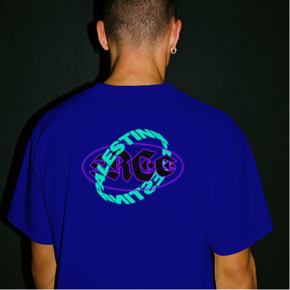 Free Palestine - Distorted Text Graphic Tee in royal blue (green + purple)