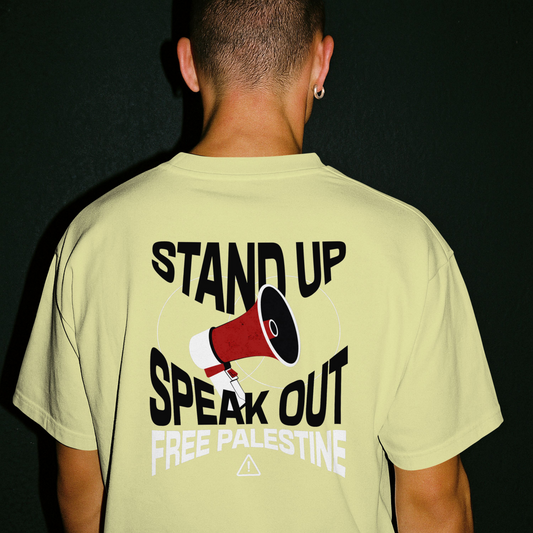 Free Palestine- speak out - statement tee in off white, with black and white text