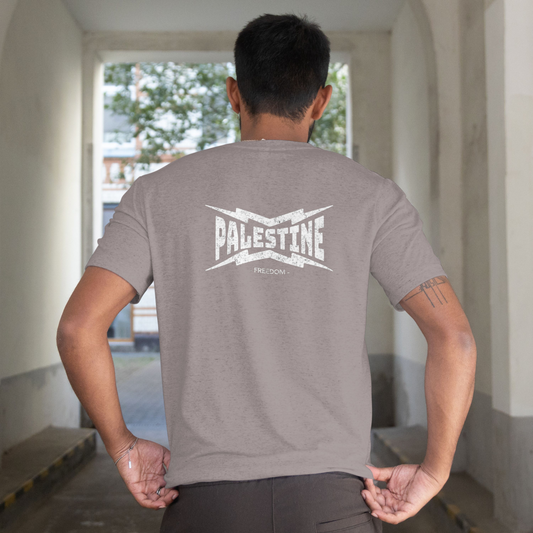 Palestine- power statement tee in graphite heather with white text