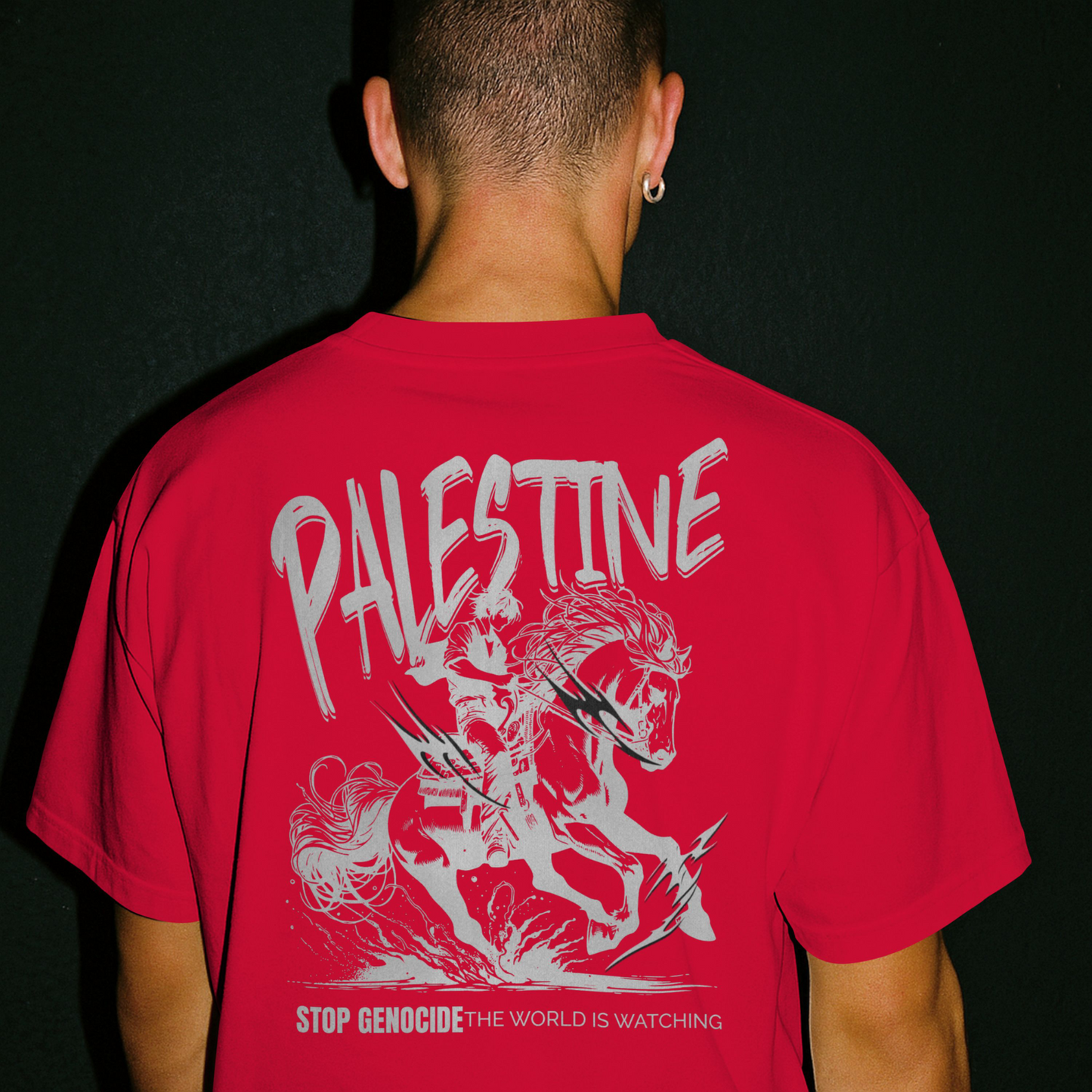 Free Palestine tee in red -with silver horse graphic design