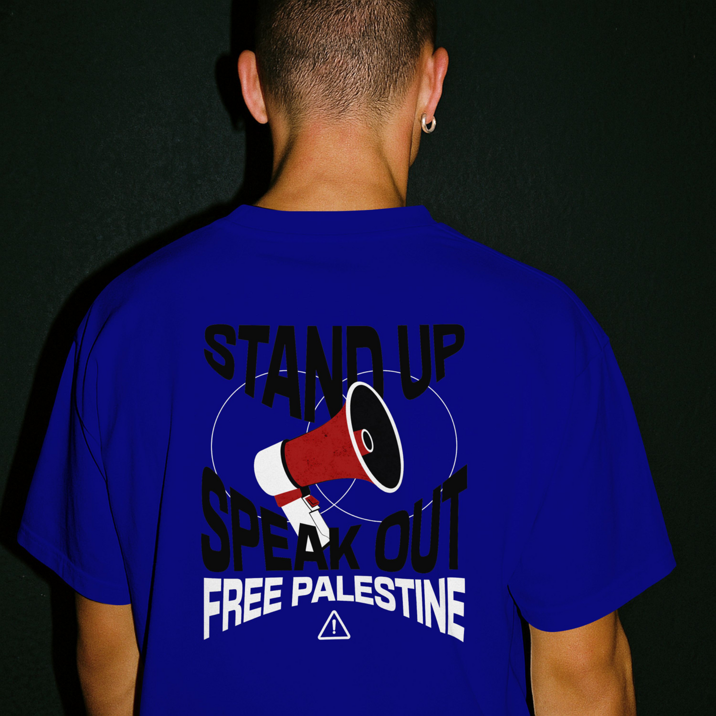 Free Palestine- speak out- statement tee in royal blue with black and white text