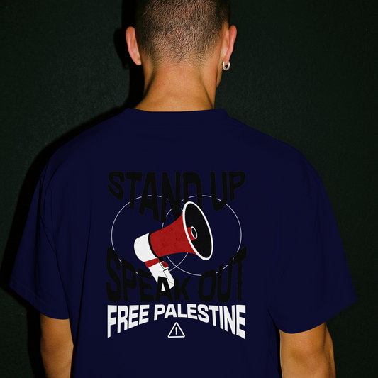 Free Palestine- speak out - statement tee in navy with black and white text