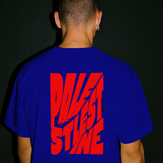Palestine tee in royal blue with red bold text