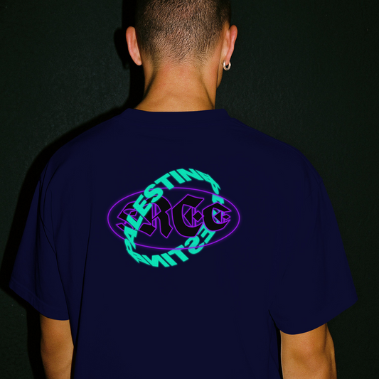 Free Palestine- Distorted Text Graphic Tee in navy (Green + Purple)
