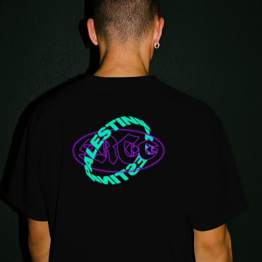 Free Palestine- Distorted Text Graphic Tee in black (Green + Purple)