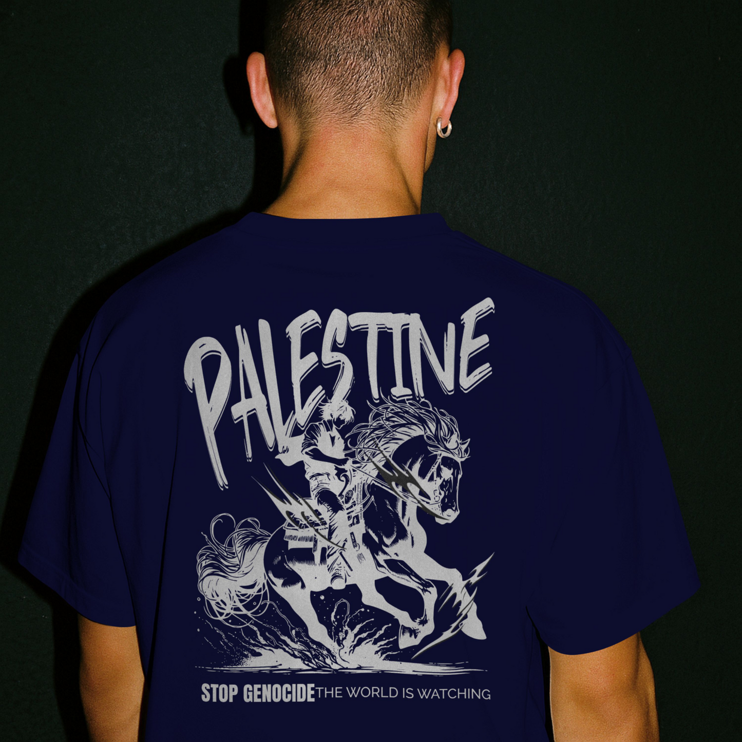Free Palestine tee in navy- with silver horse graphic design