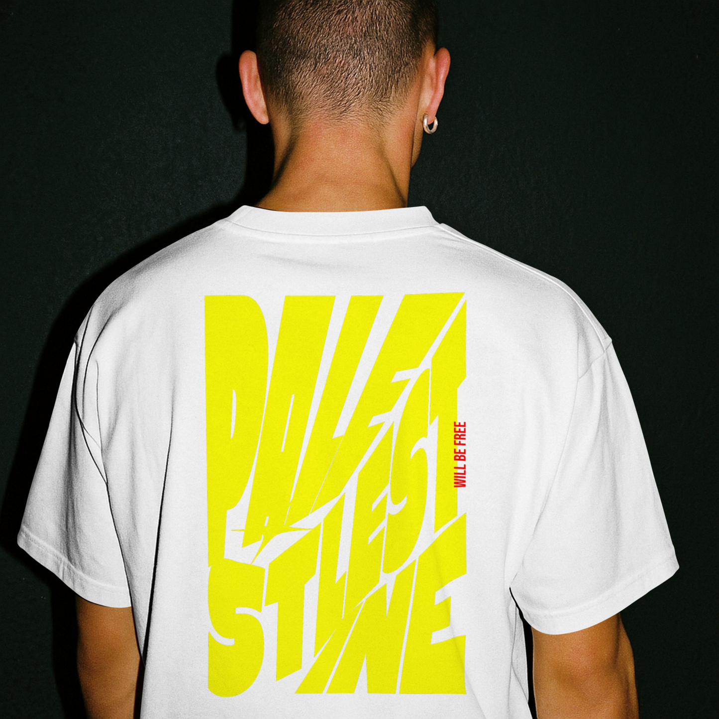 Palestine tee in white with yellow bold text
