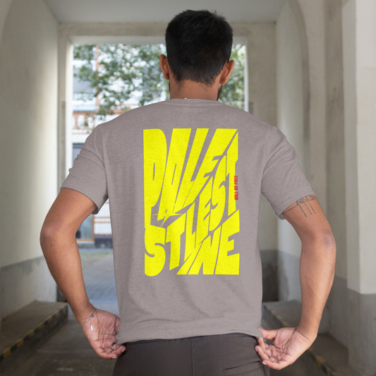 Palestine tee in graphite heather with yellow bold text