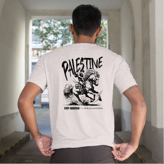 Free Palestine tee in grey with black horse graphic design