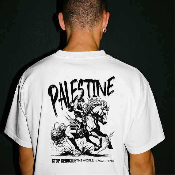 Free Palestine tee in white-  with black horse graphic design