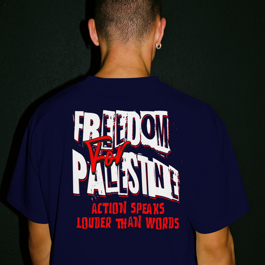 Freedom for Palestine tee in navy with red and white design