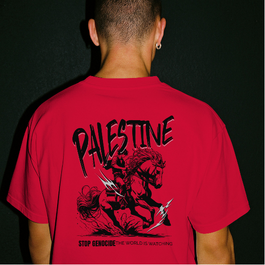 Free Palestine tee in red- with black horse graphic design