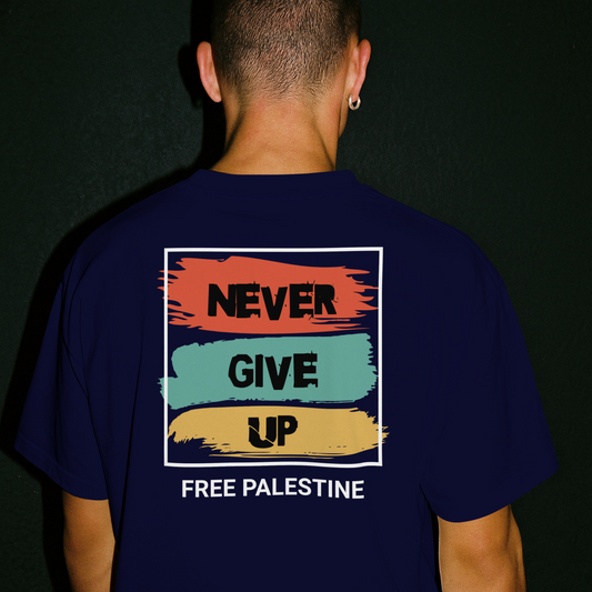 Free Palestine- Never give up tee in navy with white border