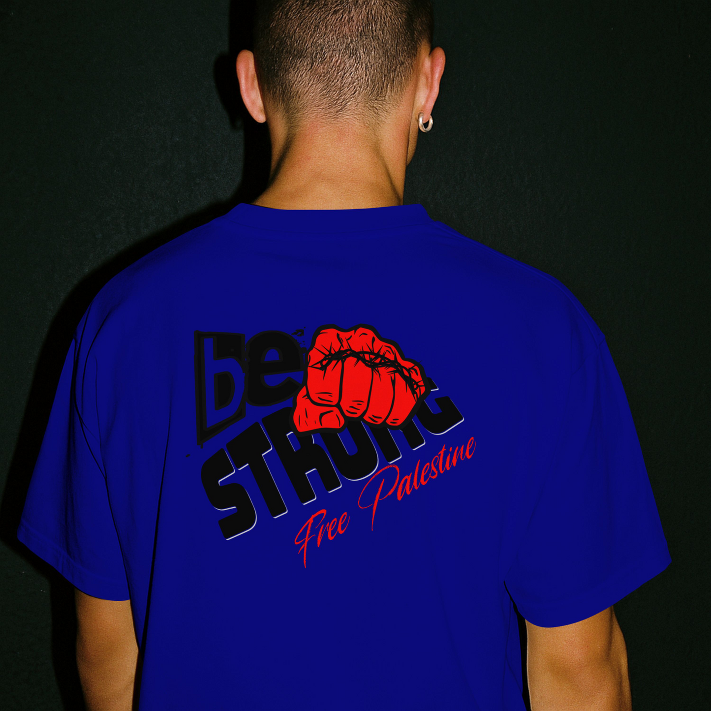 Free Palestine tee shirt in royal blue- with black and red graphic design