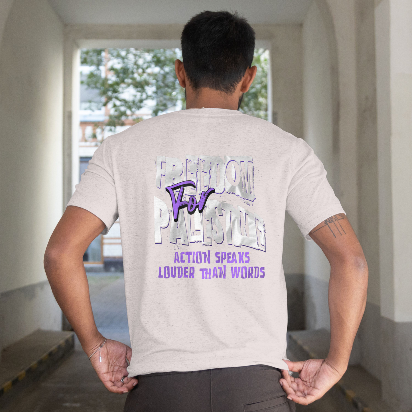 Freedom for Palestine tee in sport grey with white and purple text