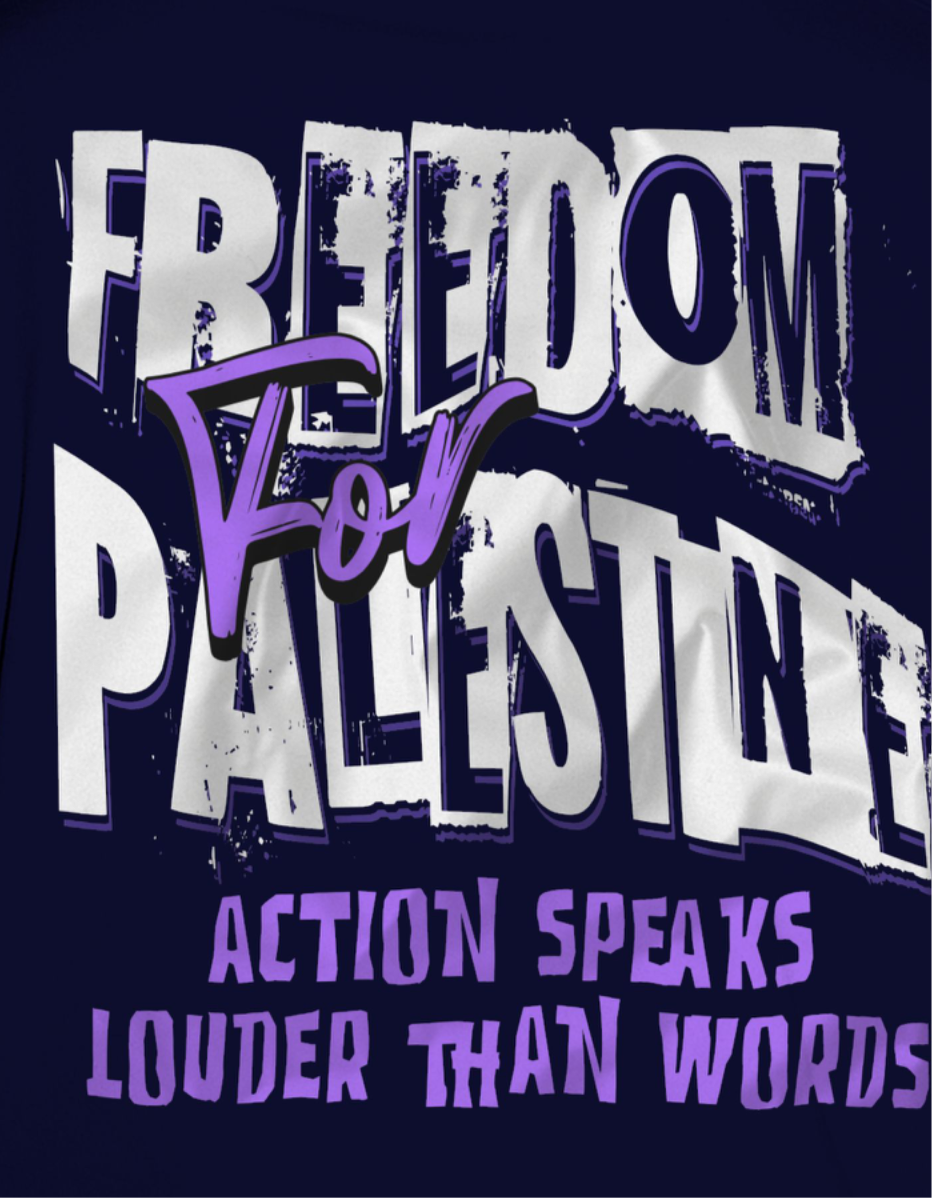 Freedom for Palestine tee in navy with white and purple text