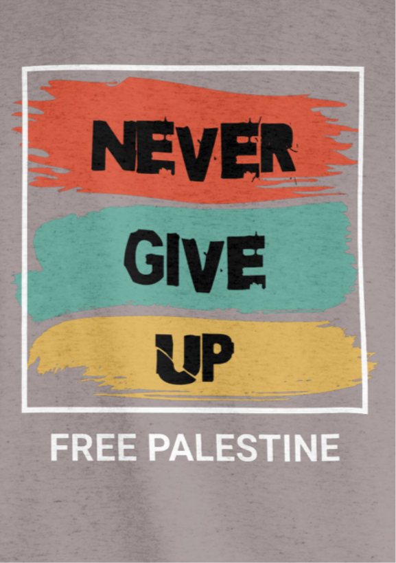 Free Palestine- Never give up tee in heather grey (White border design)