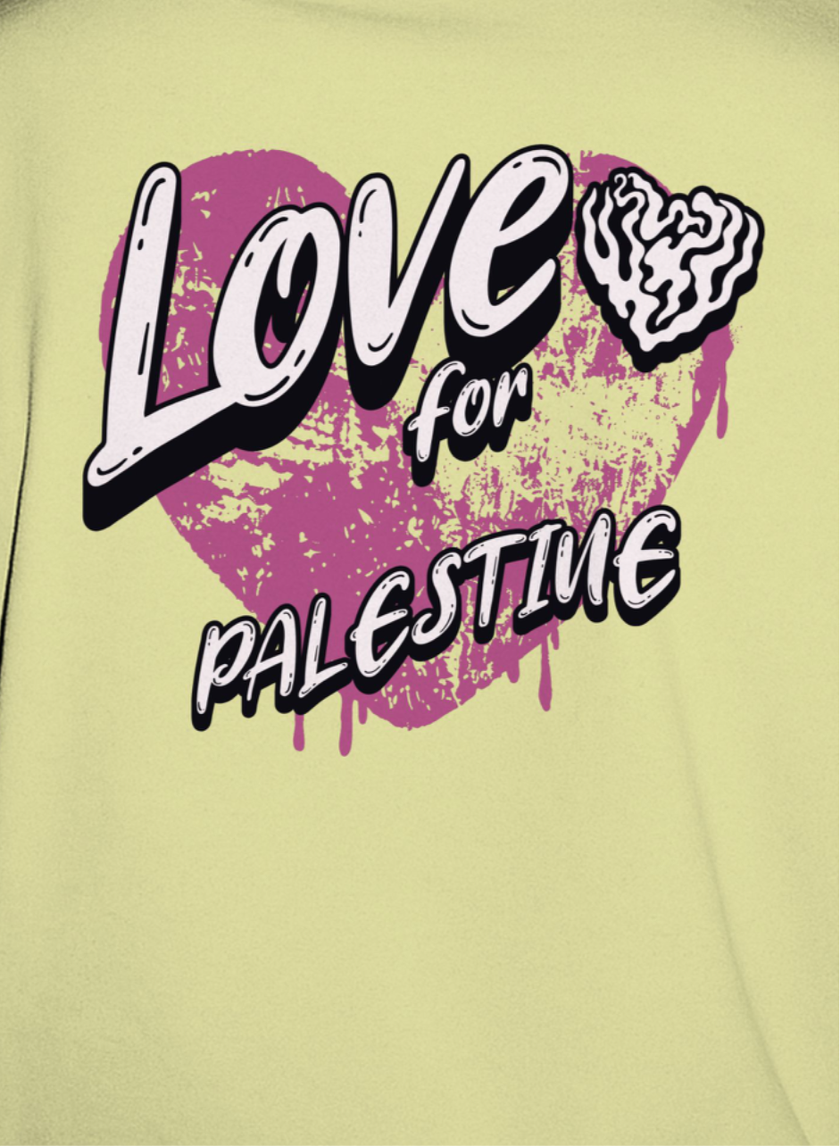 Love for Palestine T-shirt- off white with purple heart