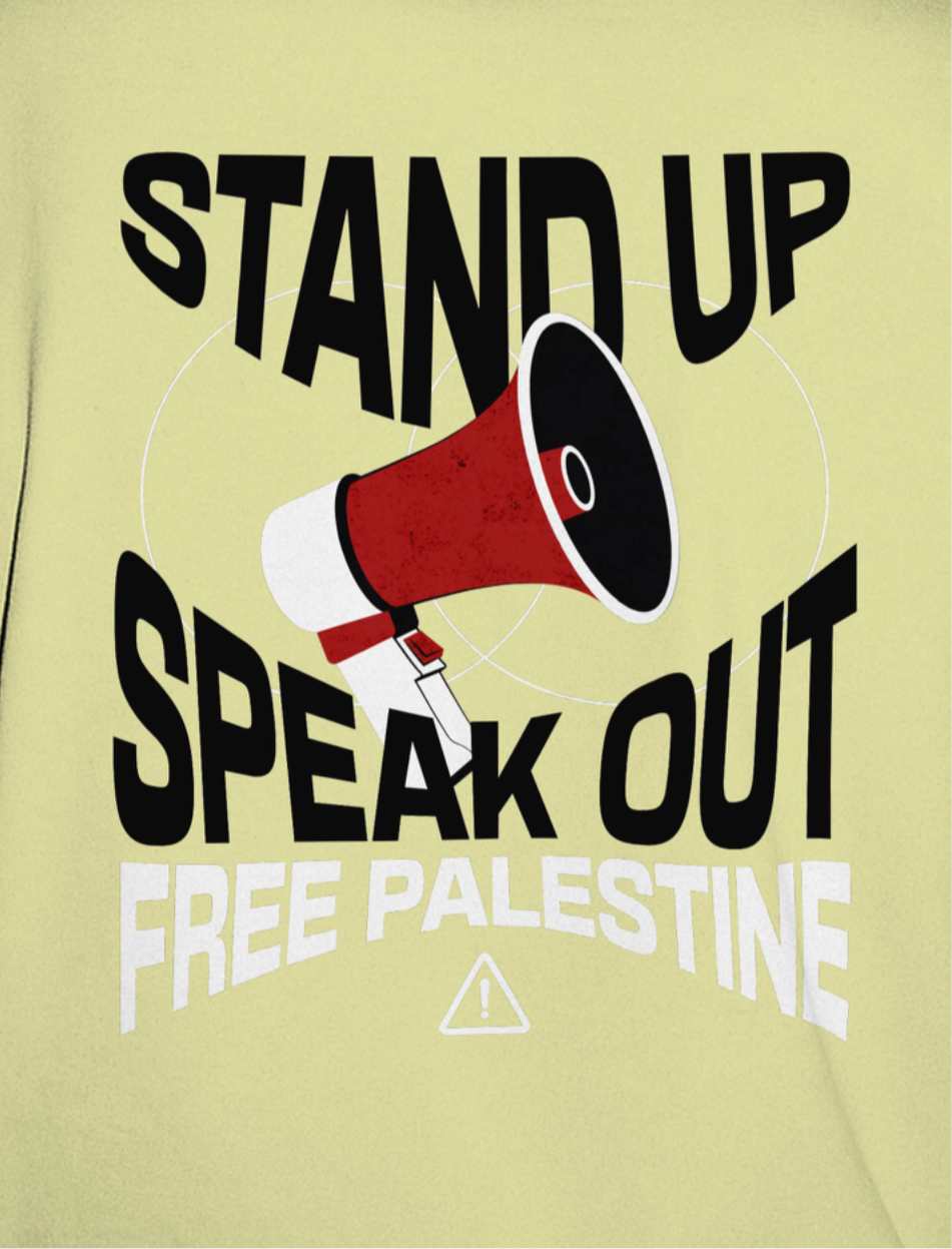 Free Palestine- speak out - statement tee in off white, with black and white text