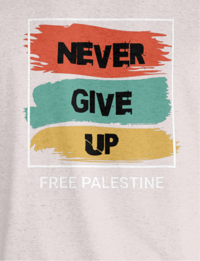 Free Palestine- Never give up tee in grey (White border design)
