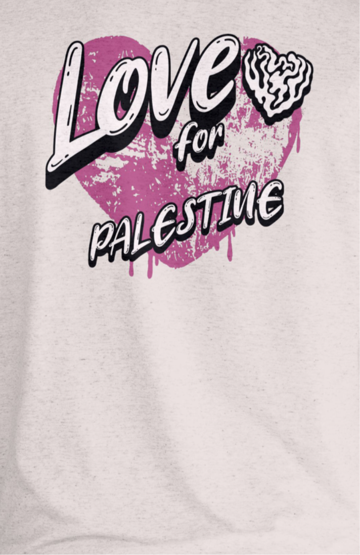 Love for Palestine T-shirt- sport grey with purple heart