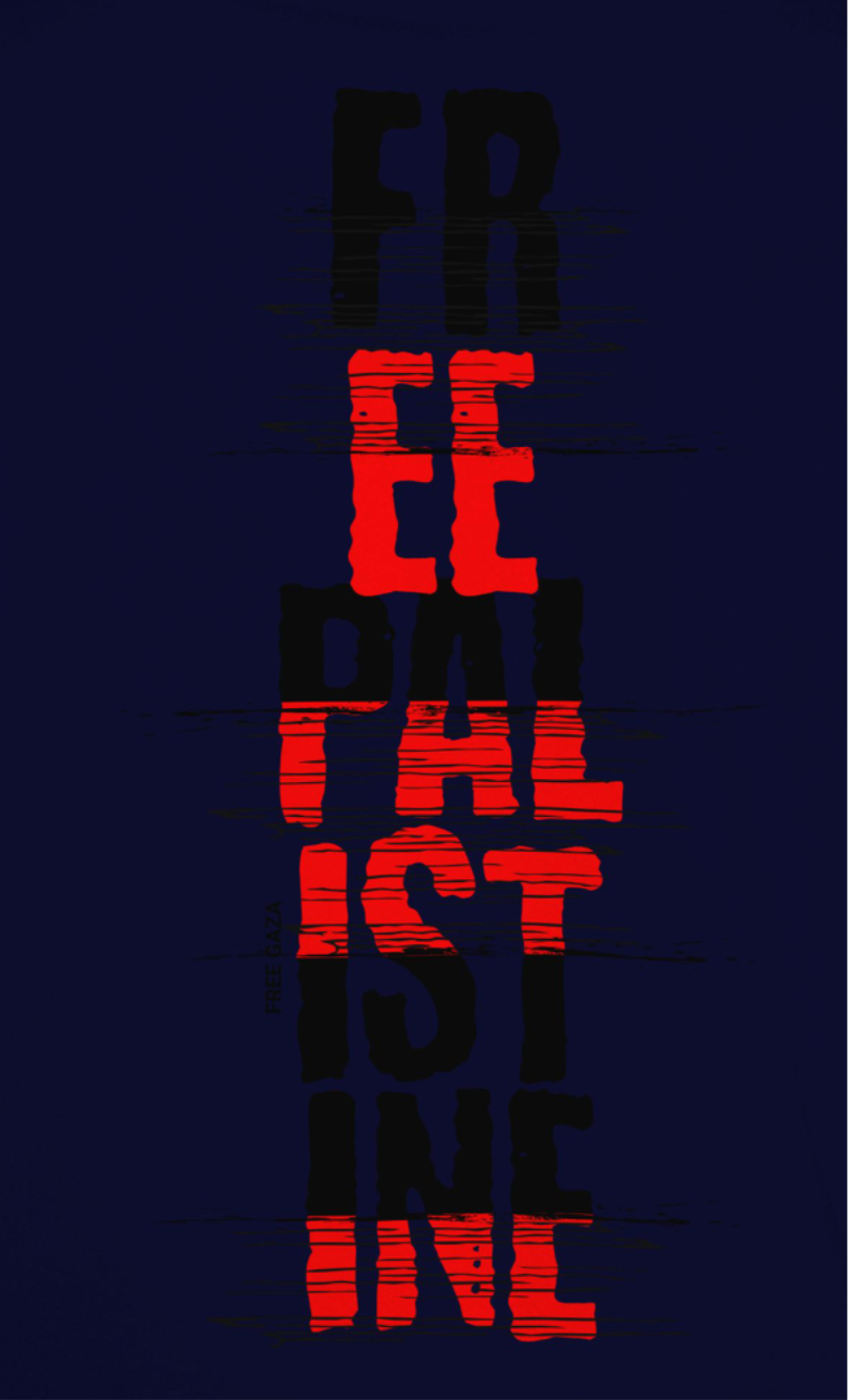 Free Palestine- vertical statement tee in navy with black and red design