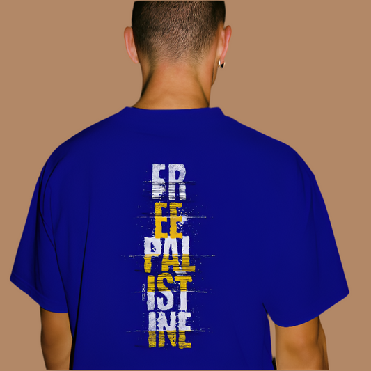 Free Palestine Vertical statement tee in royal blue, with white and yellow design